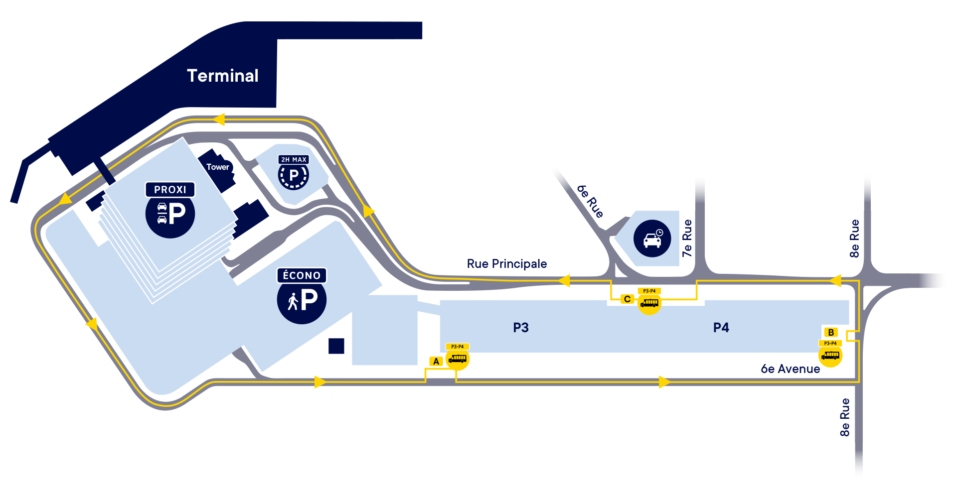 Map of the FREE shuttle service from the ECONO parking lot (P3 and P4 zones) to the Québec City Jean Lesage International Airport (YQB) terminal.
