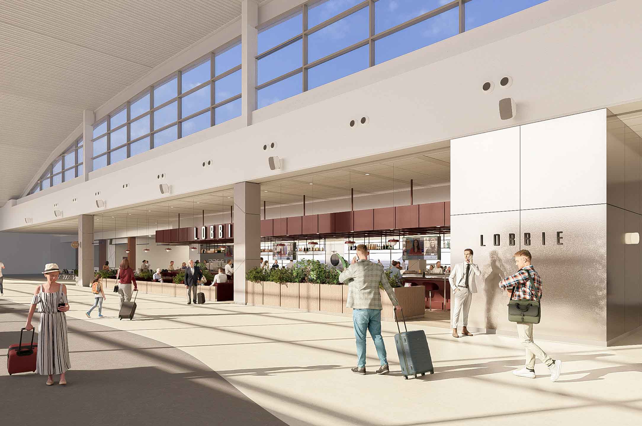 Maquette de la vue nord-est du nouveau restaurant Lobbie qui ouvrira à l'aéroport de Québec (YQB) au début de l'été 2026.