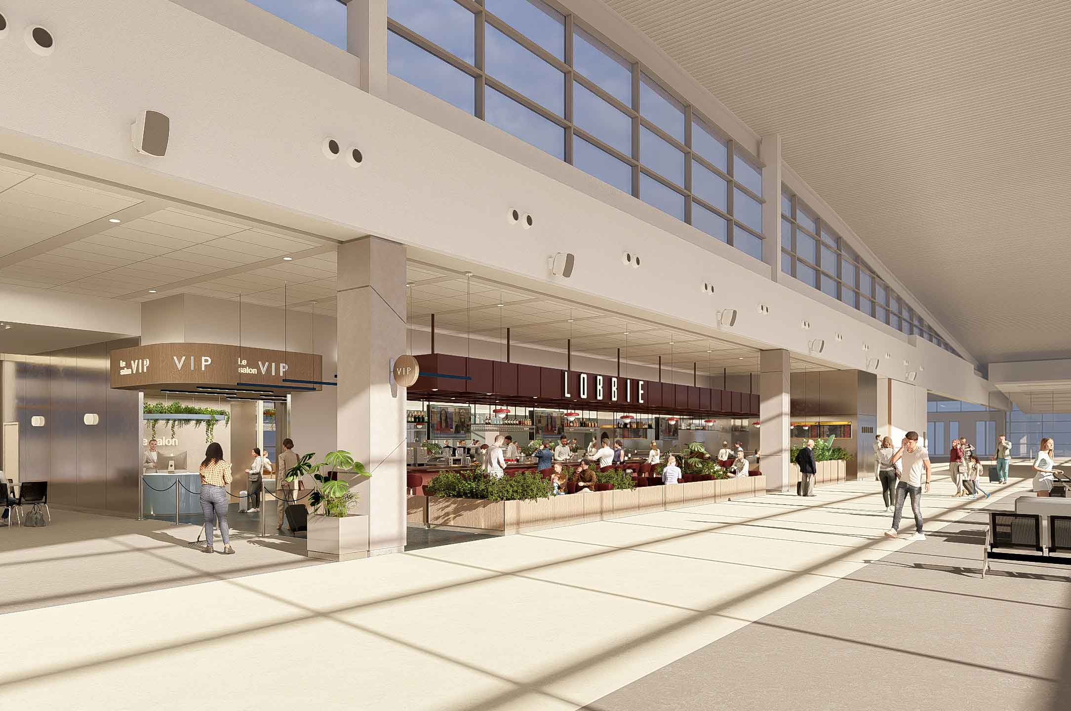 Maquette de la vue nord-est du nouveau restaurant Lobbie qui ouvrira à l'aéroport de Québec (YQB) au début de l'été 2026.